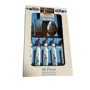 20pc Corelle BLUE VELVET ROSES Cambridge Silversmiths Stainless FLATWARE Set NEW